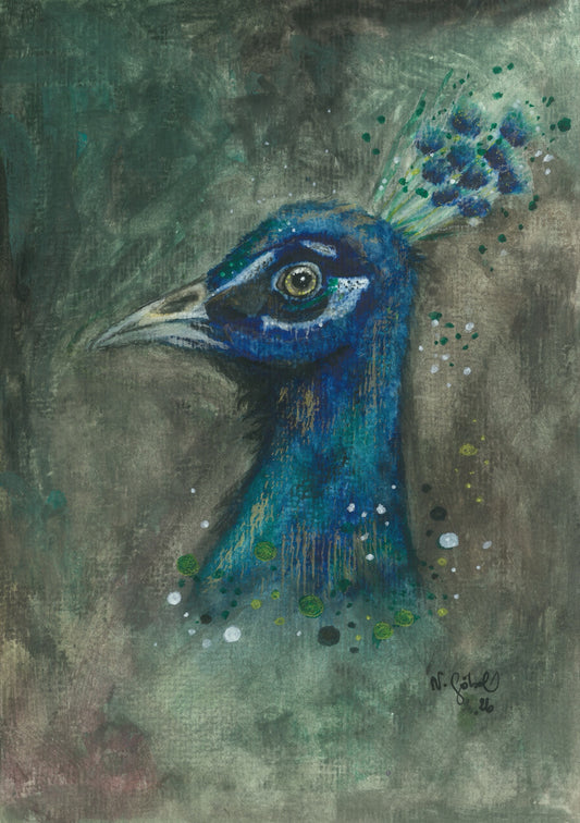 Fine Art Print nach dem Aquarell 
„Präsenz“ von Nicole Göbel: Pfau, Kopf und Hals in leuchtendem Blau