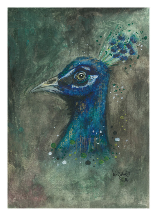 Fine Art Print Pfau Aquarell "Präsenz", Kunstdruck mit weißem Rand