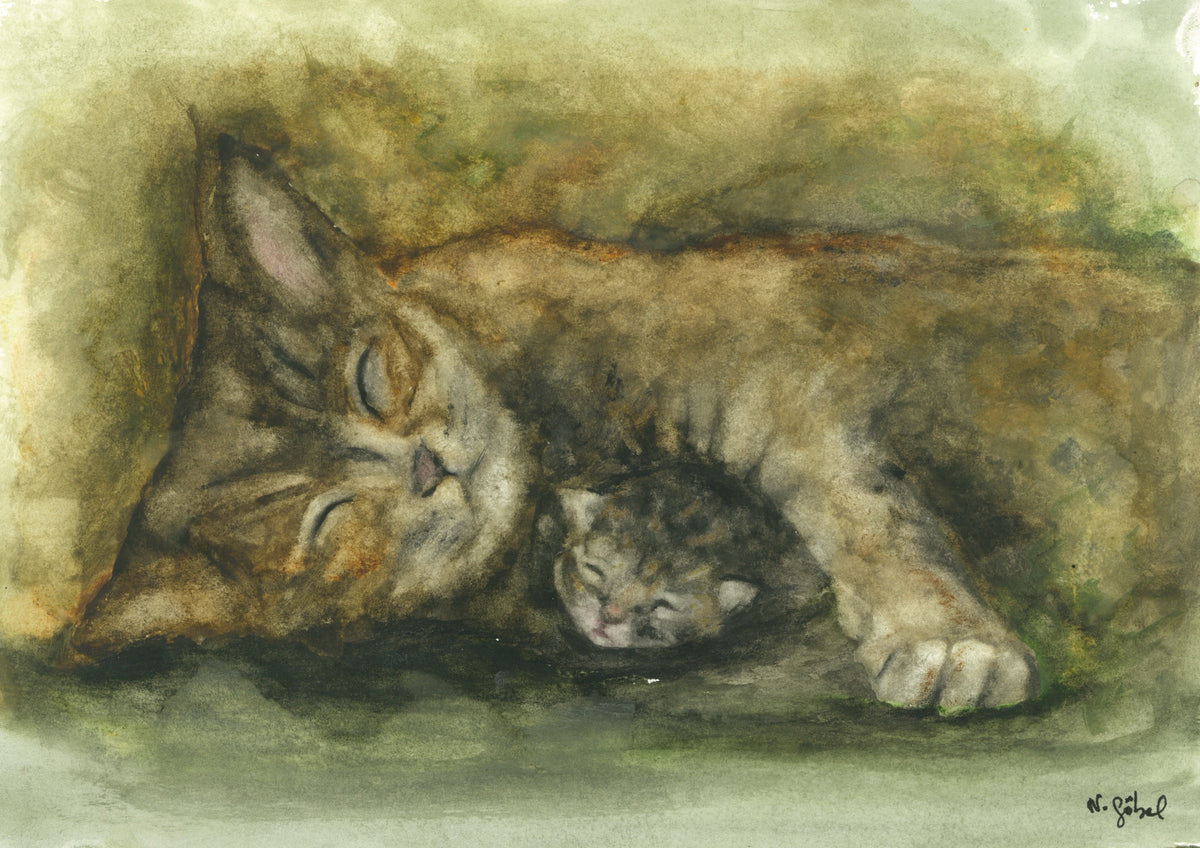 Fine Art Print nach dem Aquarell 
„Behütet“ von Nicole Göbel: schlafende Katze mit kleinem Kätzchen