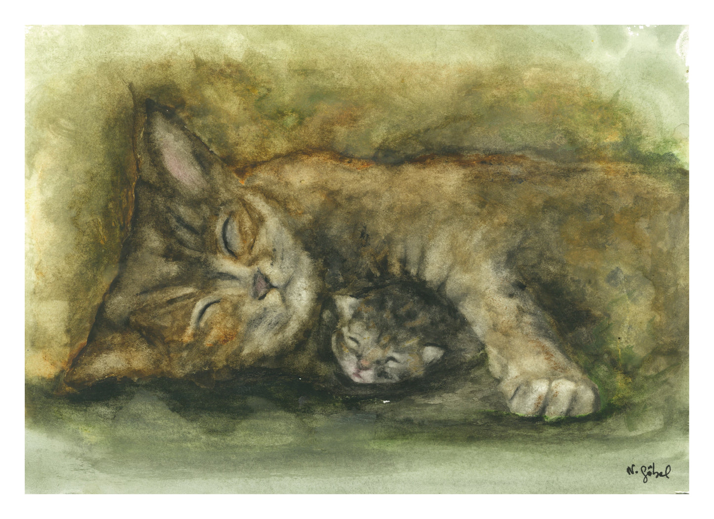 Fine Art Print Katzenmutter mit Jungtier  Aquarell "Behütet", Kunstdruck mit weißem Rand