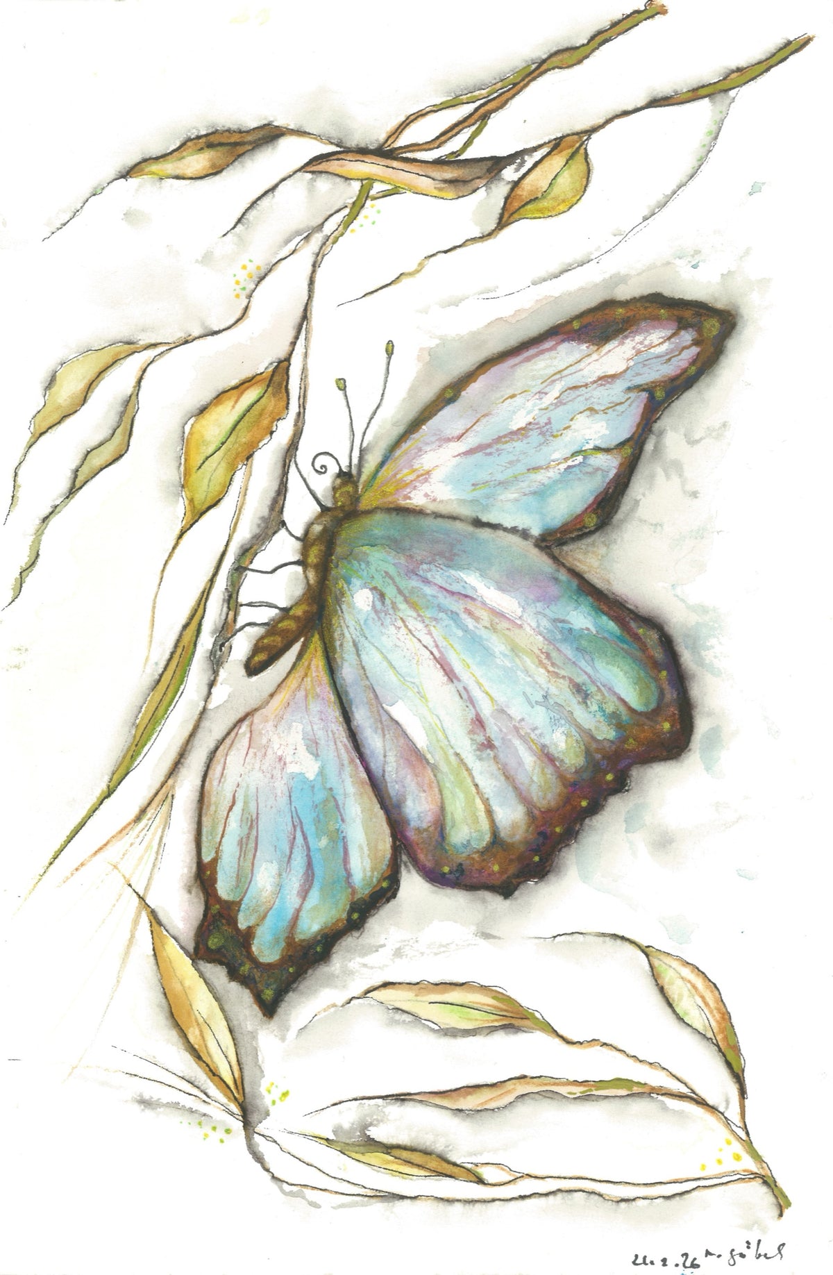 Fine Art Print nach dem Aquarell 
„Mühelos“ von Nicole Göbel: hellblauer Schmetterling an einem feinen Zweig