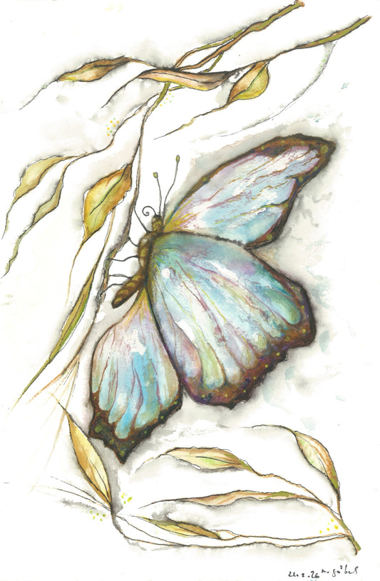 Fine Art Print nach dem Aquarell 
„Mühelos“ von Nicole Göbel: hellblauer Schmetterling an einem feinen Zweig