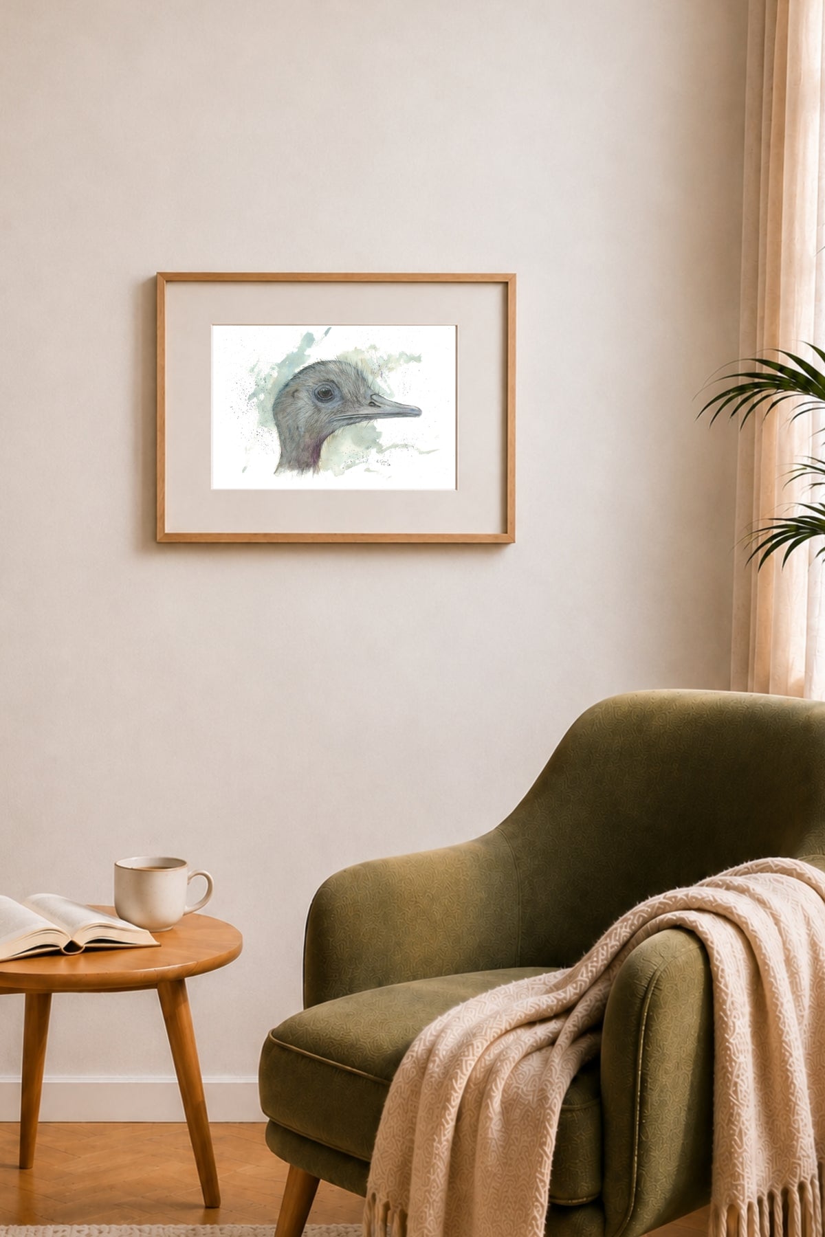 Fine Art Print "Eigenart" mit Nandu von Nicole Göbel als Wandbild im Wohnraum.