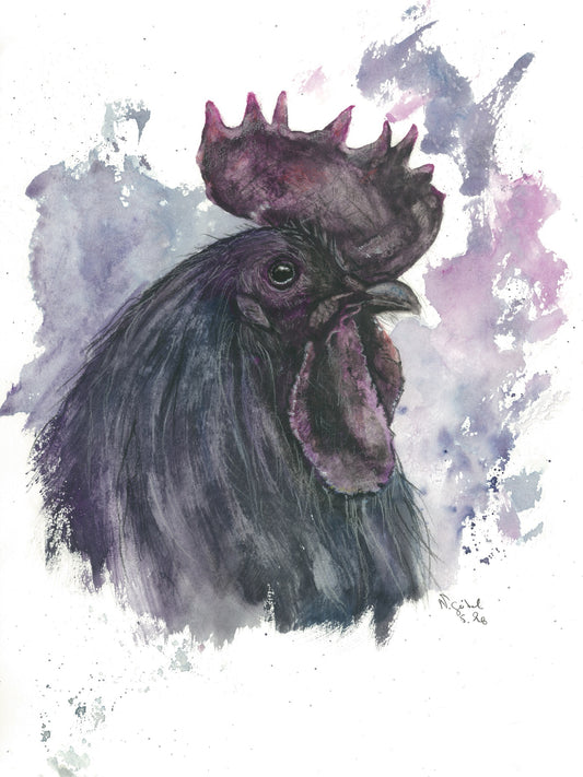 Fine Art Print nach dem Aquarell 
„Haltung“ von Nicole Göbel: violett-schwarzer Hahn im Kopfporträt