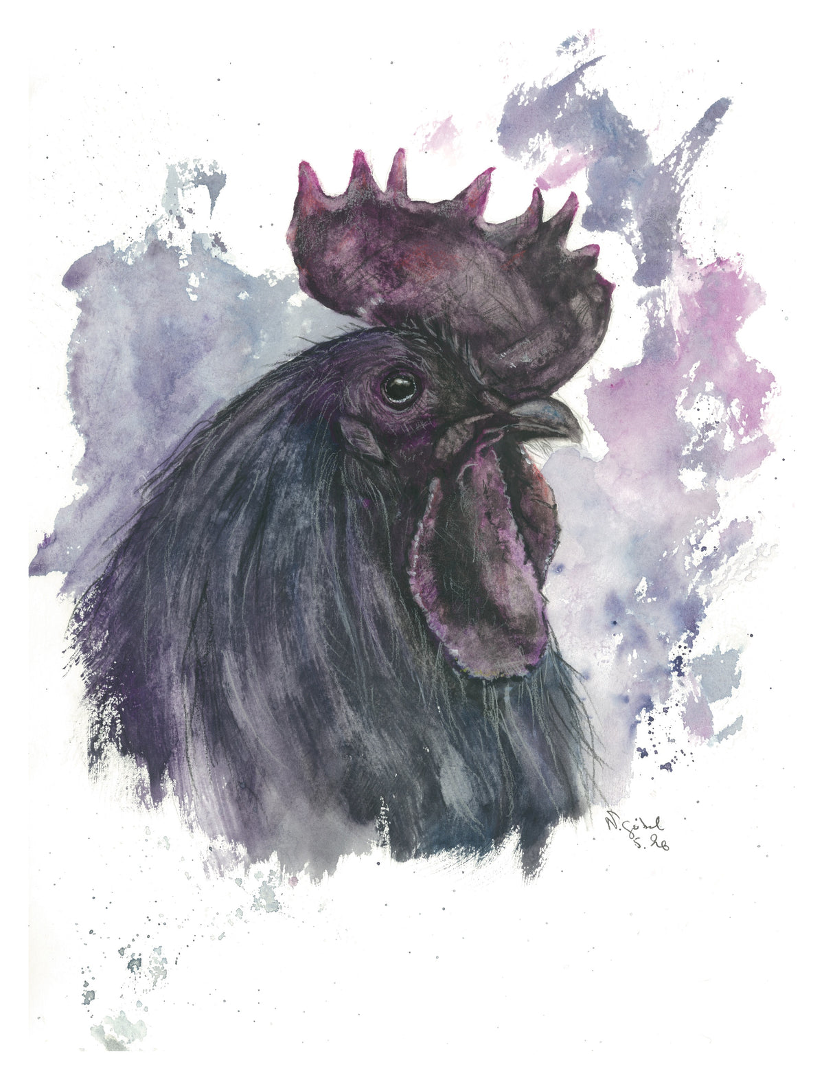 Fine Art Print Hahn Aquarell "Haltung", Kunstdruck mit weißem Rand
