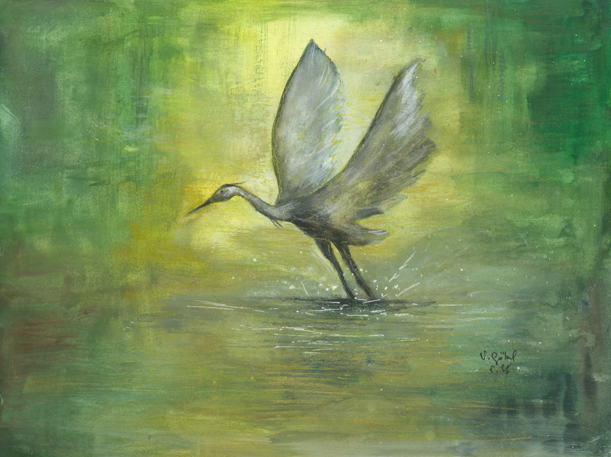 Fine Art Print nach dem Aquarell „Aufbrechen“ von Nicole Göbel: Kranich im Abflug aus dem Wasser