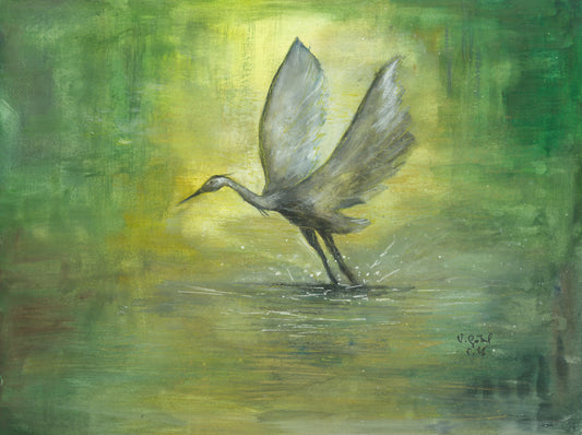 Fine Art Print nach dem Aquarell „Aufbrechen“ von Nicole Göbel: Kranich im Abflug aus dem Wasser