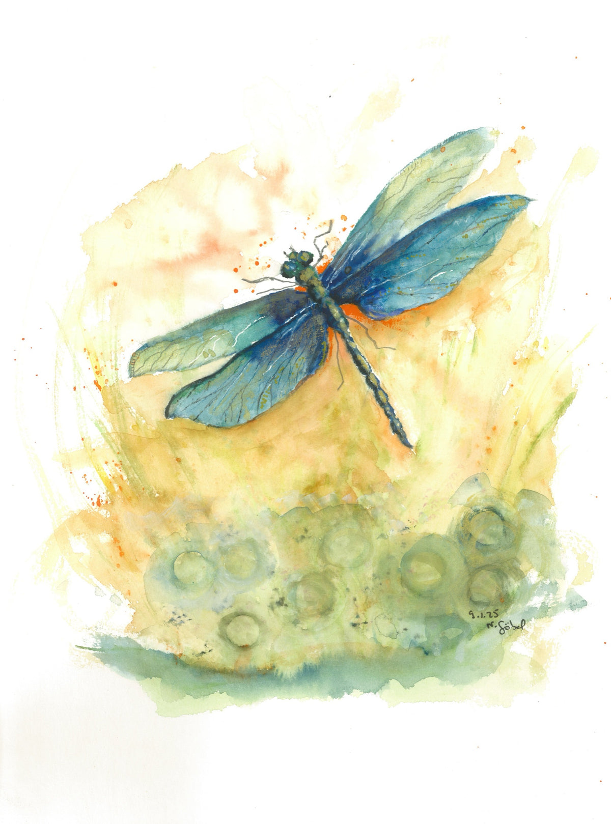 Fine Art Print nach dem Aquarell „Kurswechsel“ von Nicole Göbel: blaue Libelle über ockerfarbenem Grund