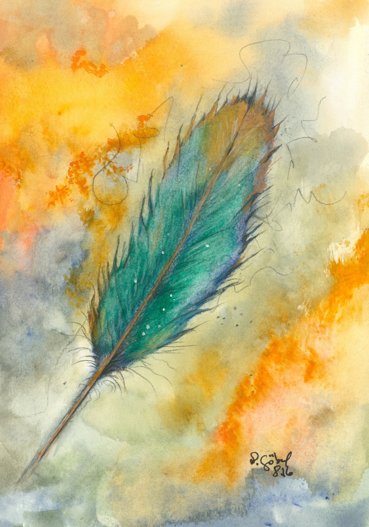Fine Art Print nach dem Aquarell 
„Lösen“ von Nicole Göbel: einzelne Feder