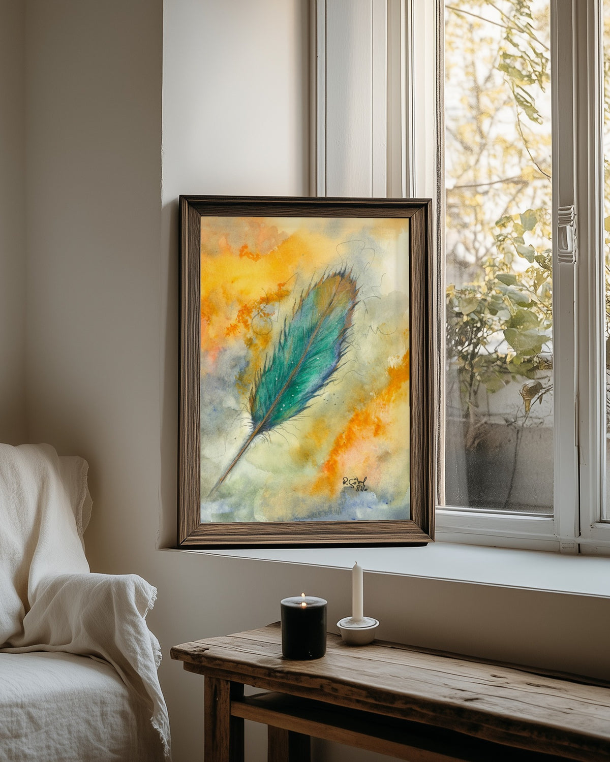 Fine Art Print nach dem Aquarell 
„Lösen“ von Nicole Göbel im Rahmen an einer Wand, Raumansicht KI-generiert