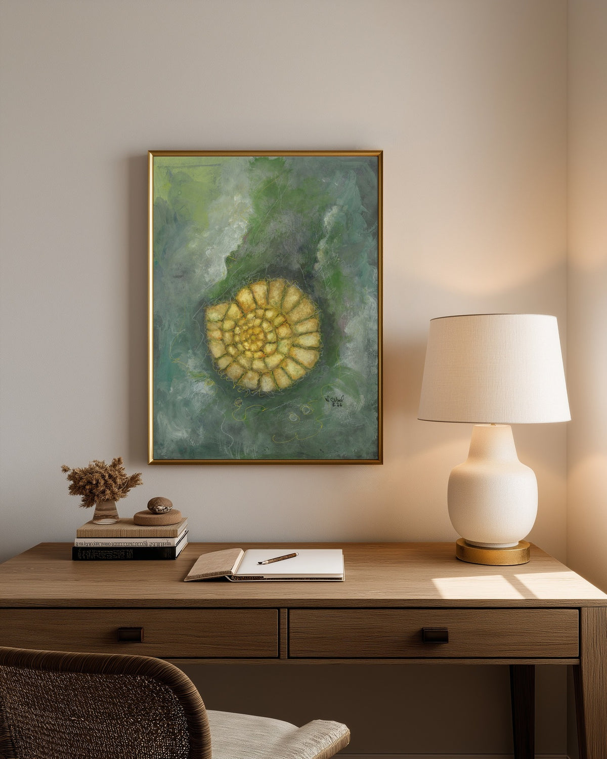 Fine Art Print nach dem Aquarell „Zeitenlauf“ von Nicole Göbel im Rahmen an einer Wand, Raumansicht KI-generiert