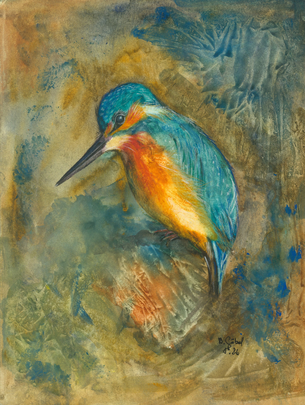 Fine Art Print nach dem Aquarell „Klarsicht“ von Nicole Göbel: sitzender Eisvogel in Türkis und Orange mit nach unten gerichtetem Blick