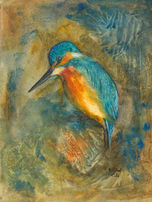 Fine Art Print nach dem Aquarell „Klarsicht“ von Nicole Göbel: sitzender Eisvogel in Türkis und Orange mit nach unten gerichtetem Blick