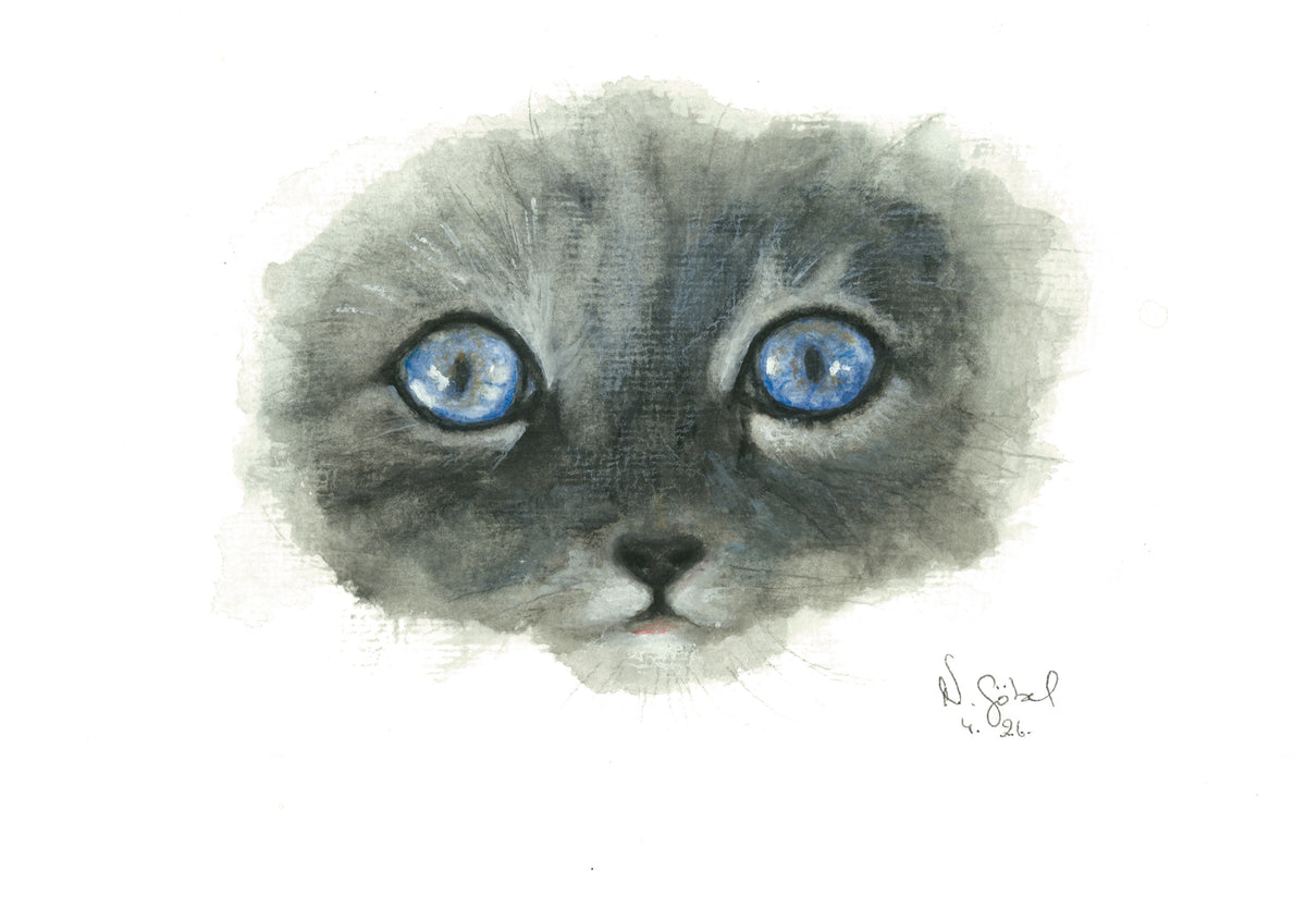 Fine Art Print nach dem Aquarell 
„Keck“ von Nicole Göbel: graues Katzengesicht mit leuchtend blauen Augen