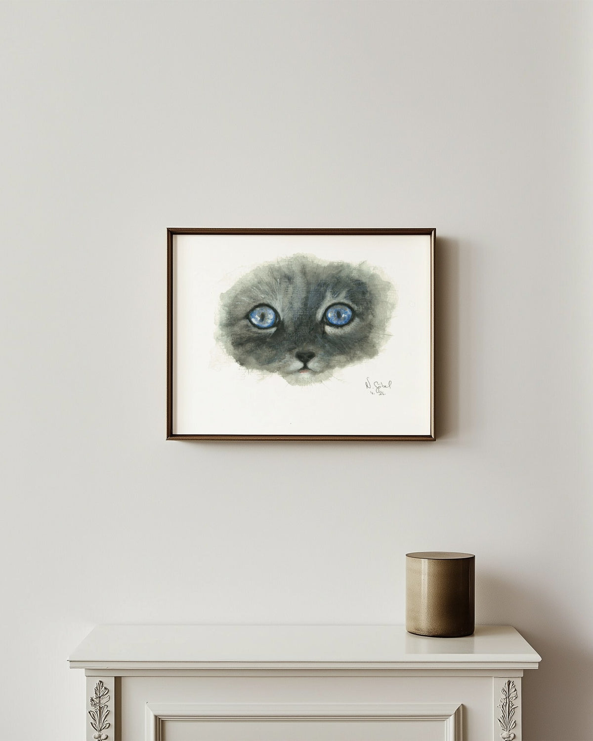 Fine Art Print nach dem Aquarell „Keck“ von Nicole Göbel im Rahmen an einer Wand, Raumansicht KI-generiert