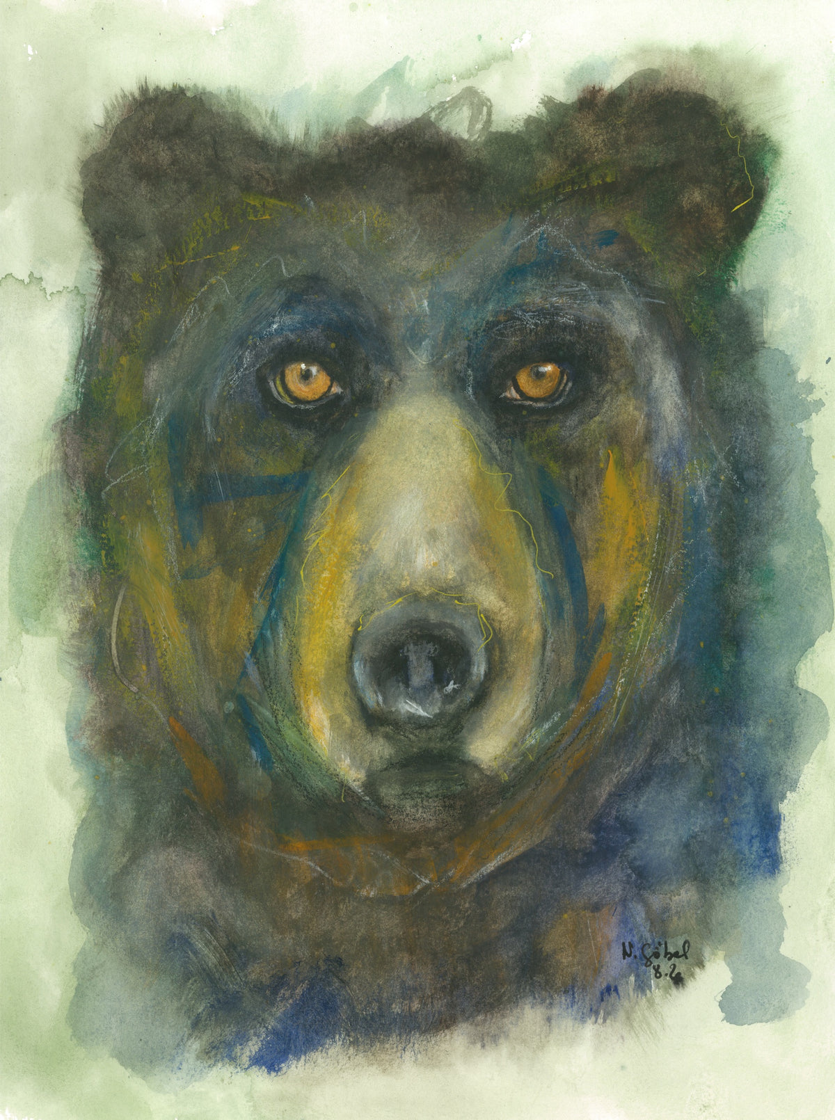 Fine Art Print nach dem Aquarell „Unverstellt“ von Nicole Göbel: frontales Porträt eines Bären mit bernsteinfarbenen Augen