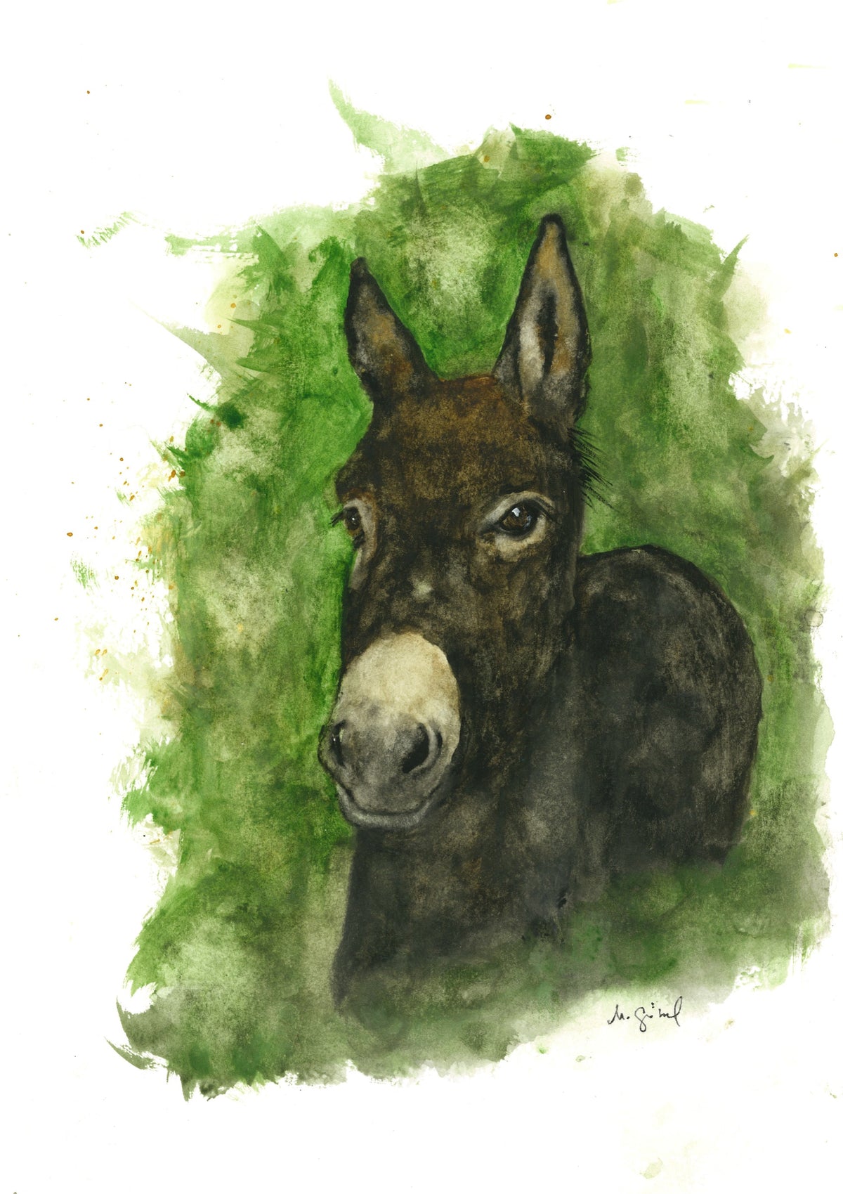 Fine Art Print nach dem Aquarell 
„Gemüt“ von Nicole Göbel: dunkelbrauner Esel vor grünem Grund