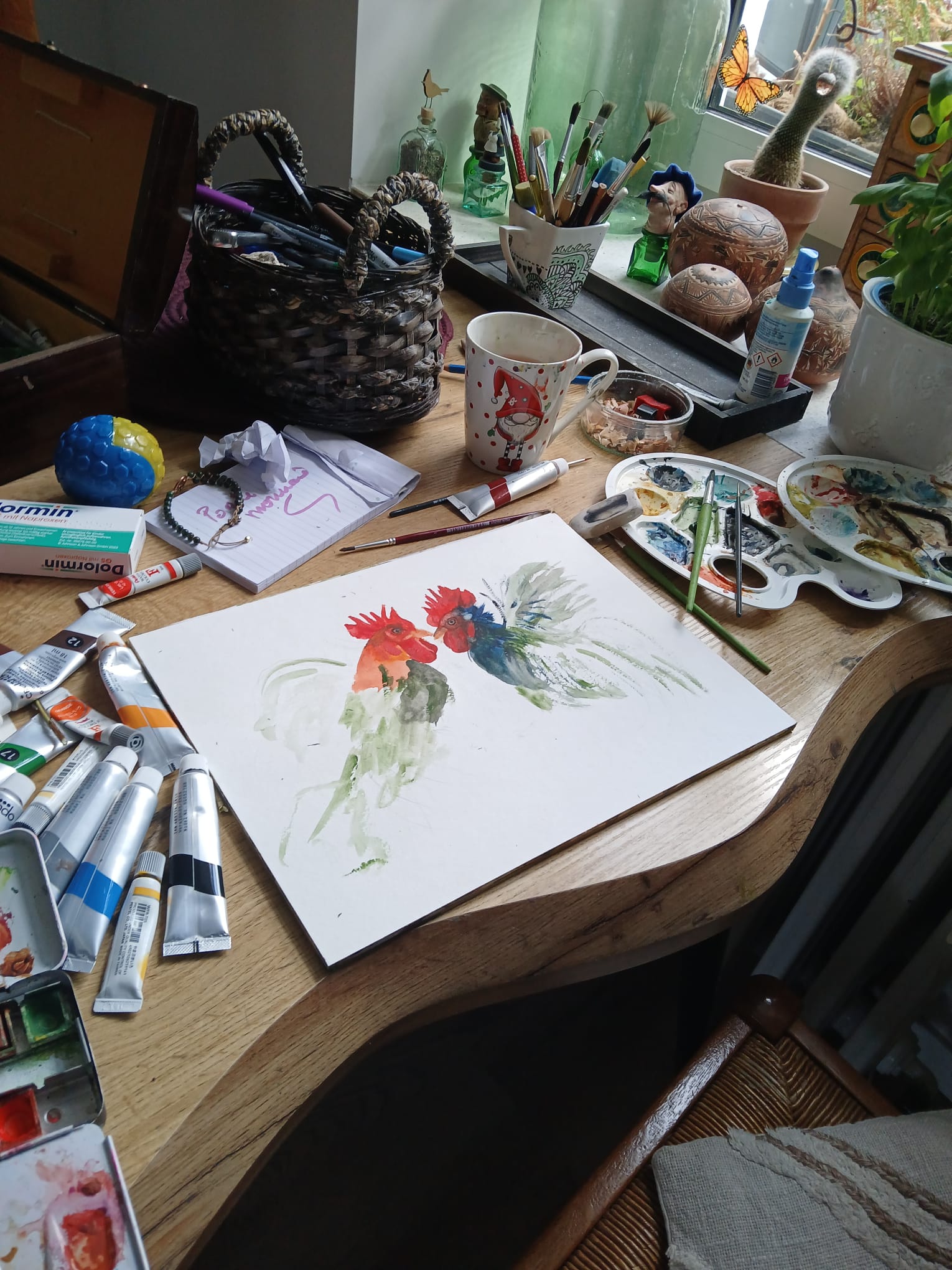 Originalkunst zwei Hähne als Aquarell von Nicole Göbel.