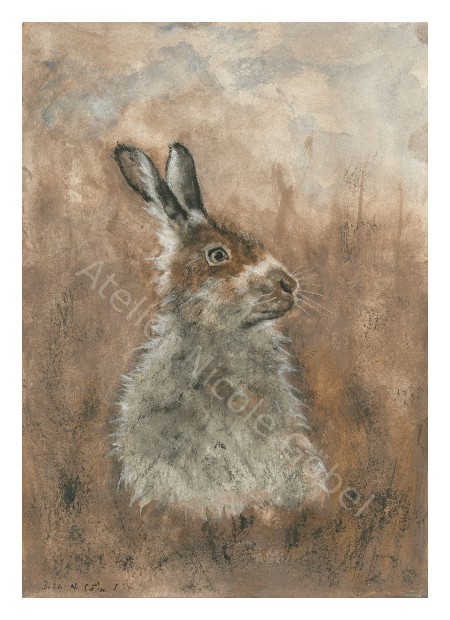 Fine Art Print Hase Aquarell Achtsamkeit, Kunstdruck mit weißem Rand