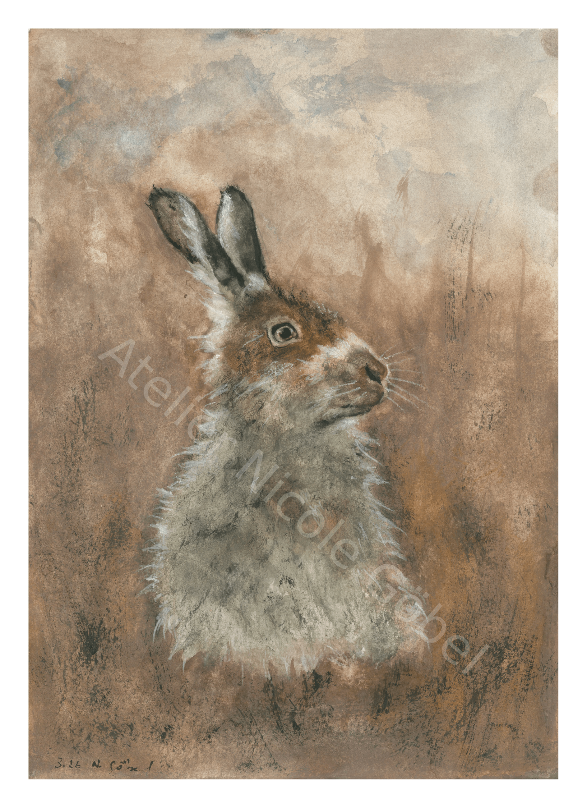 Fine Art Print Hase Aquarell Achtsamkeit, Kunstdruck mit weißem Rand