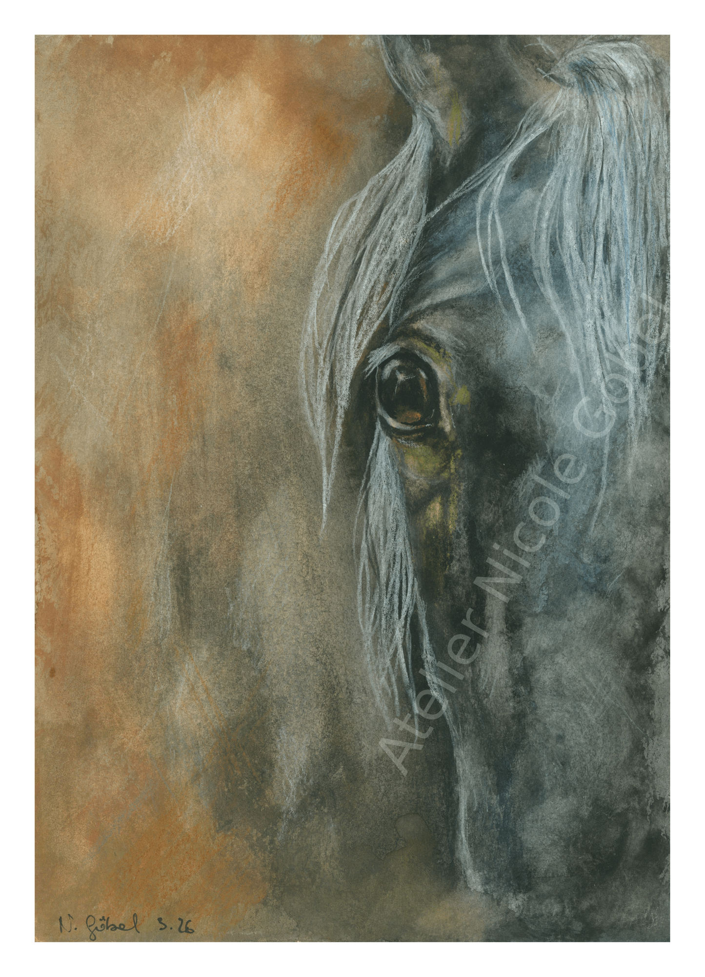 Fine Art Print Schimmel Pferd Aquarell Begegnung, Kunstdruck mit weißem Rand