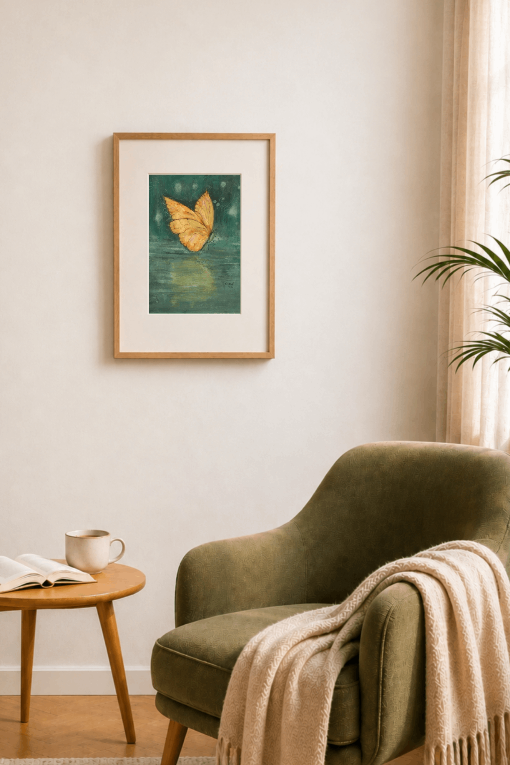 Mockup Schmetterling Aquarell Schimmer im Wohnraum
