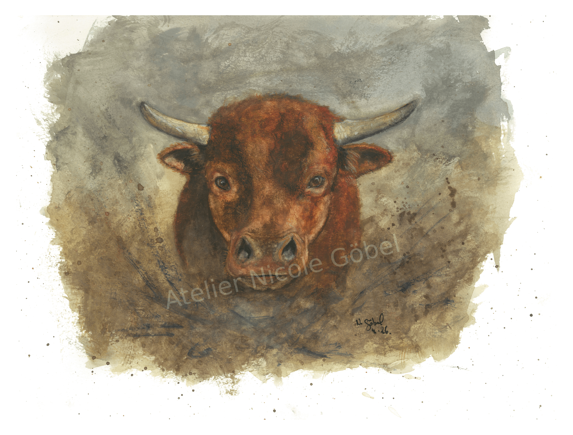 Fine Art Print Stier Aquarell Standhaft, Kunstdruck mit weißem Rand