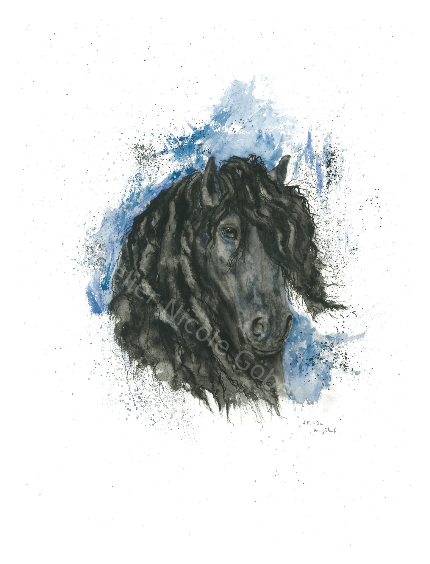 Fine Art Print Friese Pferd Aquarell Würde, Kunstdruck mit weißem Rand