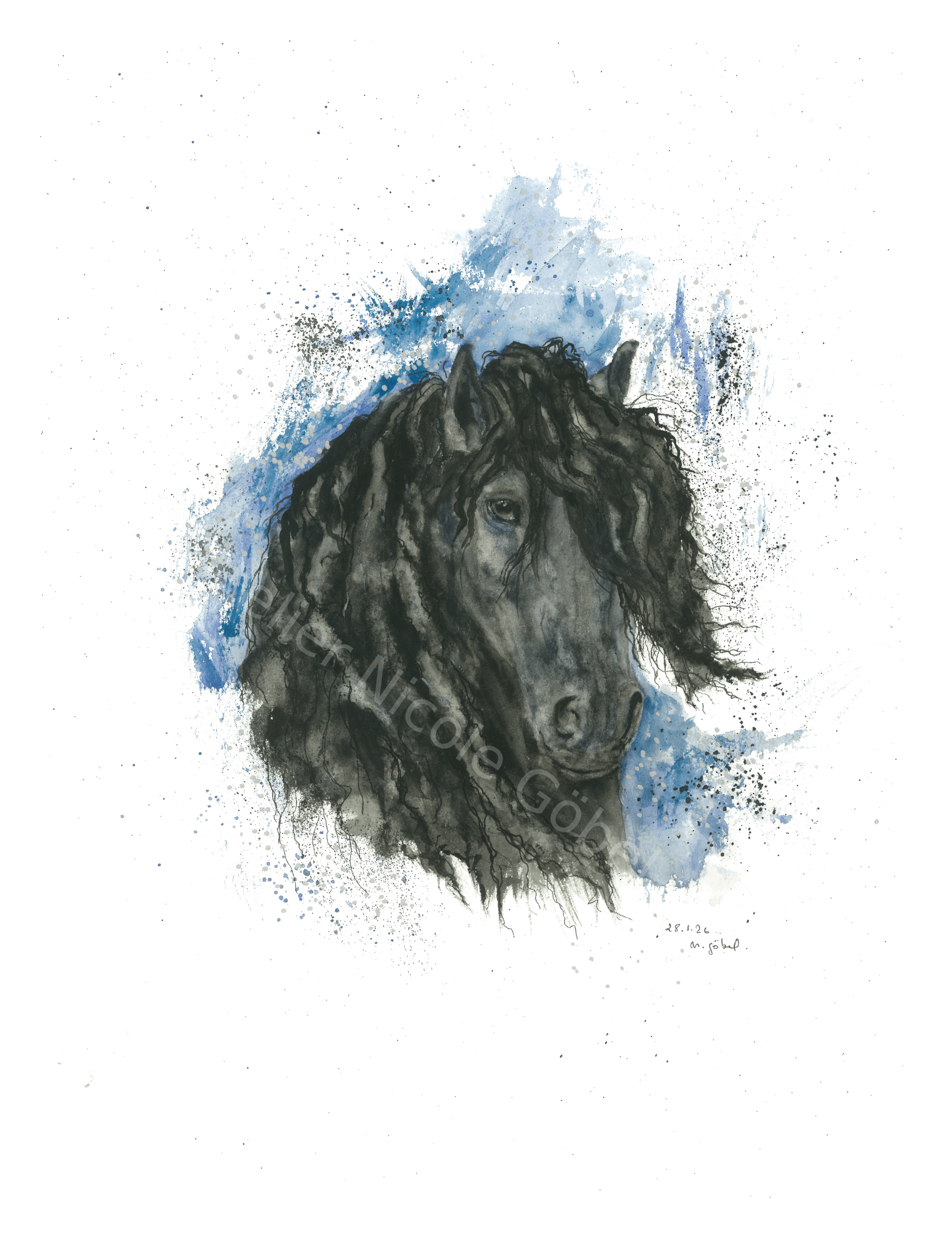 Fine Art Print Friese Pferd Aquarell Würde, Kunstdruck mit weißem Rand